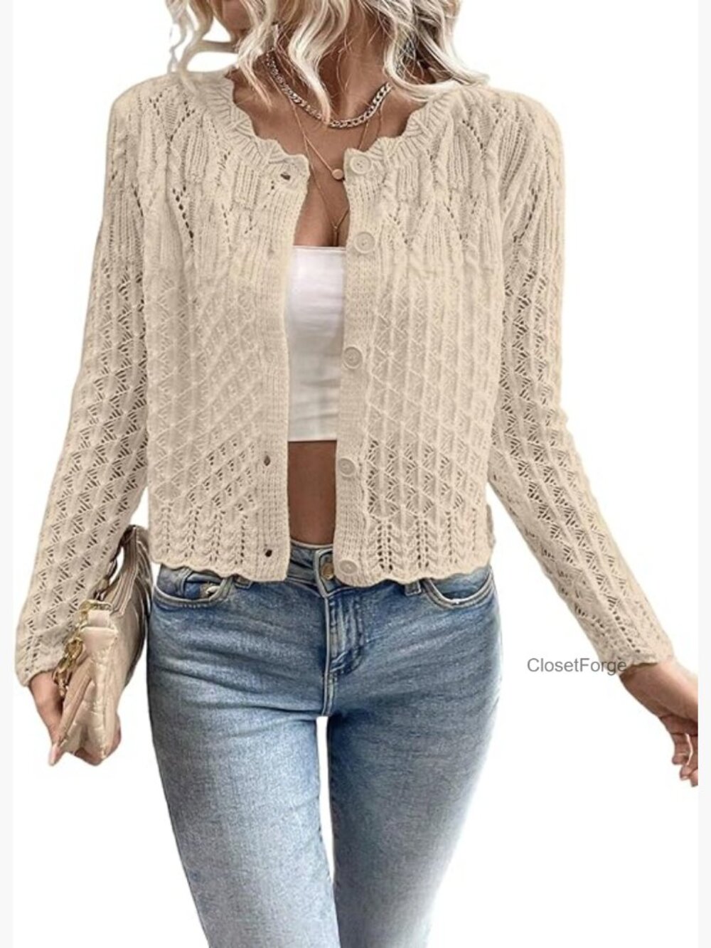 Women's Cropped Cardigan Sweater Long Sleeve Button Front Knit Top
